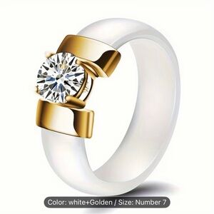 Stylish White Inlay CZ Engagement Wedding Ring 7 mm Ceramic Design
